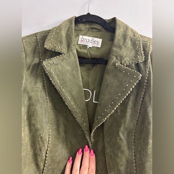 Bradley Bayou Blazer jacket Womens Large Green Leather Studded Woven Trim READ - Picture 4 of 9